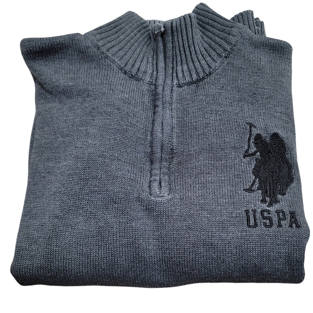 U.S. Polo Assn Quarter Zip Sweater Men Medium Gray Mock Neck Preppy Office Golf